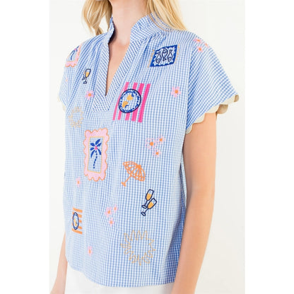 Short Sleeve Embroidery Detail Gingham Top - Blue