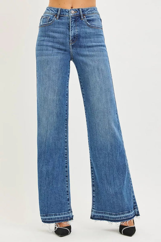 High Rise Wide Leg Jeans with Released Hem - Medium Wash