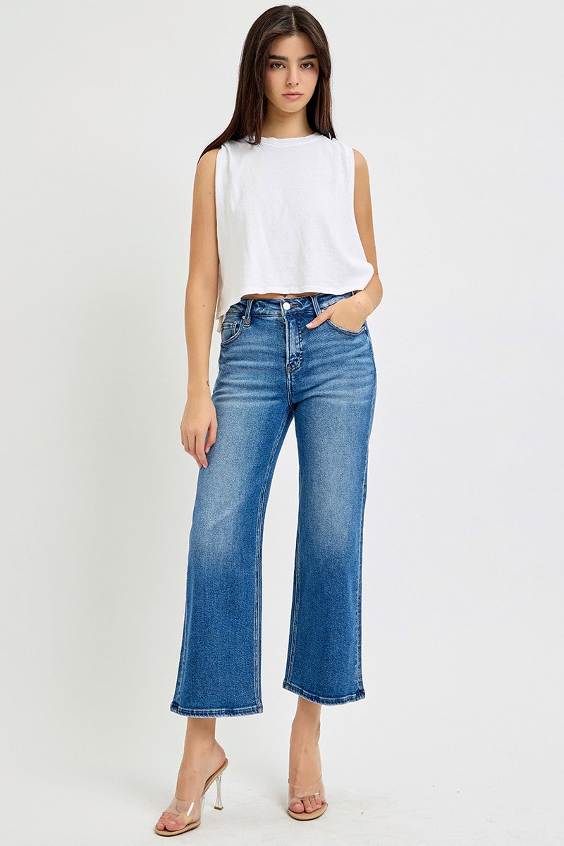 Tummy Control Elastic Band Mid Rise Crop Wide Leg Jeans - Dark