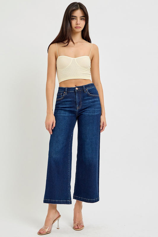 High Rise-Crop Wide Leg Jeans - Dark