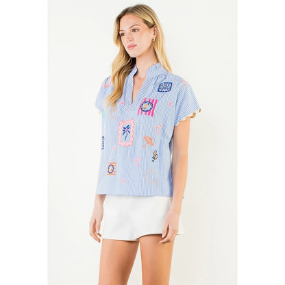 Short Sleeve Embroidery Detail Gingham Top - Blue