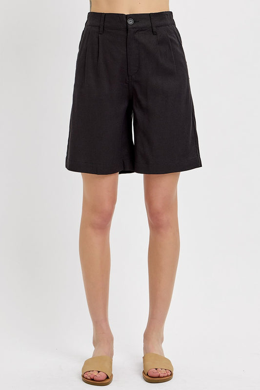 High Rise Leasted Front Midi Length Linen Shorts - Black