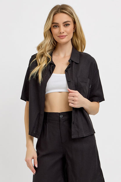 Oversized Cropped Half Sleeve Linen Shirts - Black