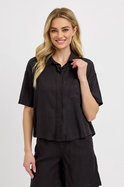 Oversized Cropped Half Sleeve Linen Shirts - Black