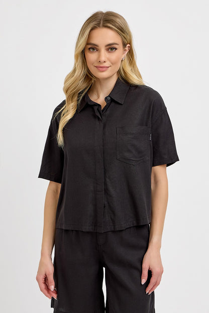 Oversized Cropped Half Sleeve Linen Shirts - Black