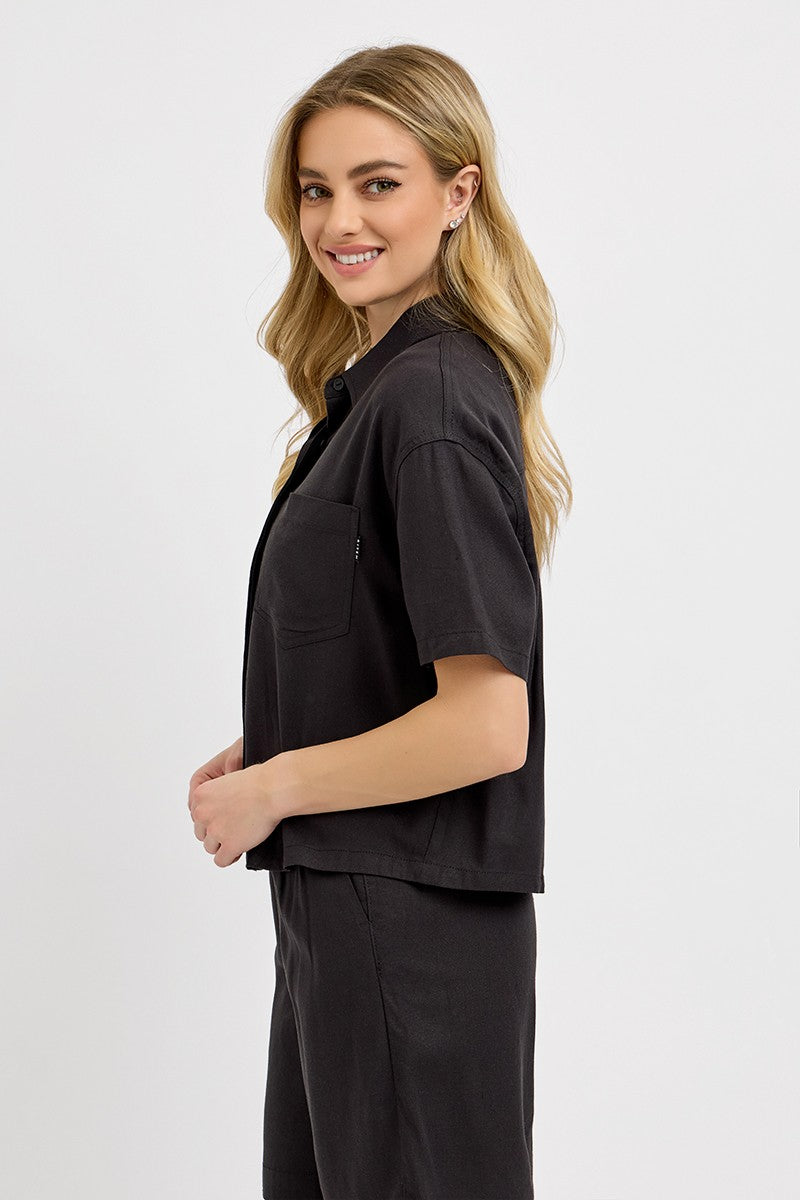 Oversized Cropped Half Sleeve Linen Shirts - Black