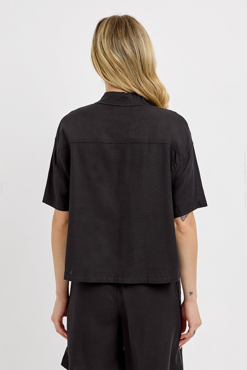 Oversized Cropped Half Sleeve Linen Shirts - Black