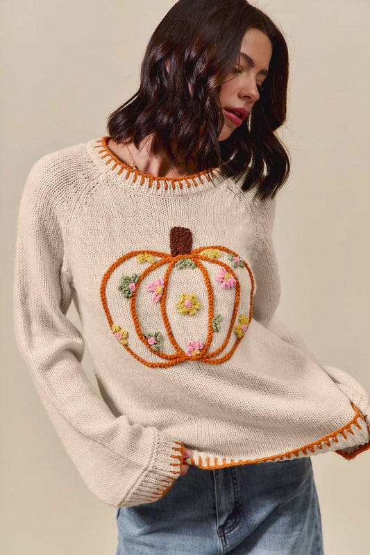 Pumpkin Floral Embroidered Thanksgiving Sweater Top