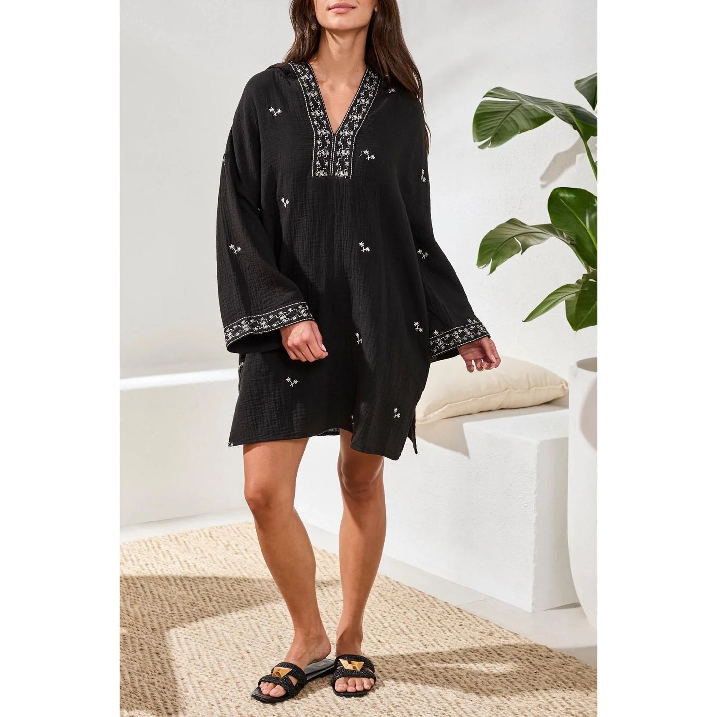 3/4 Sleeve Tunic Dress w/ Embroidery - Black