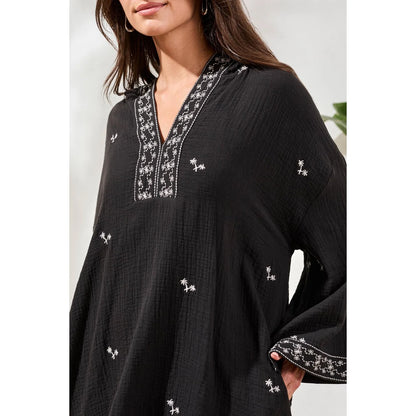 3/4 Sleeve Tunic Dress w/ Embroidery - Black