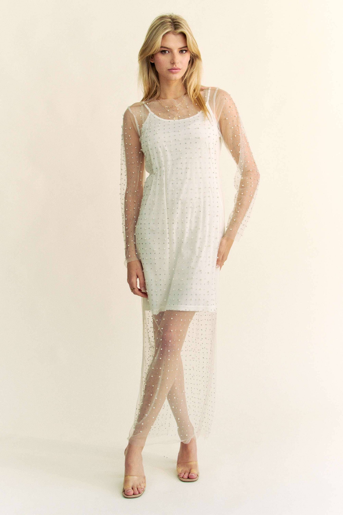 Mesh Pearl Rhinestone Cover with Innder Dress