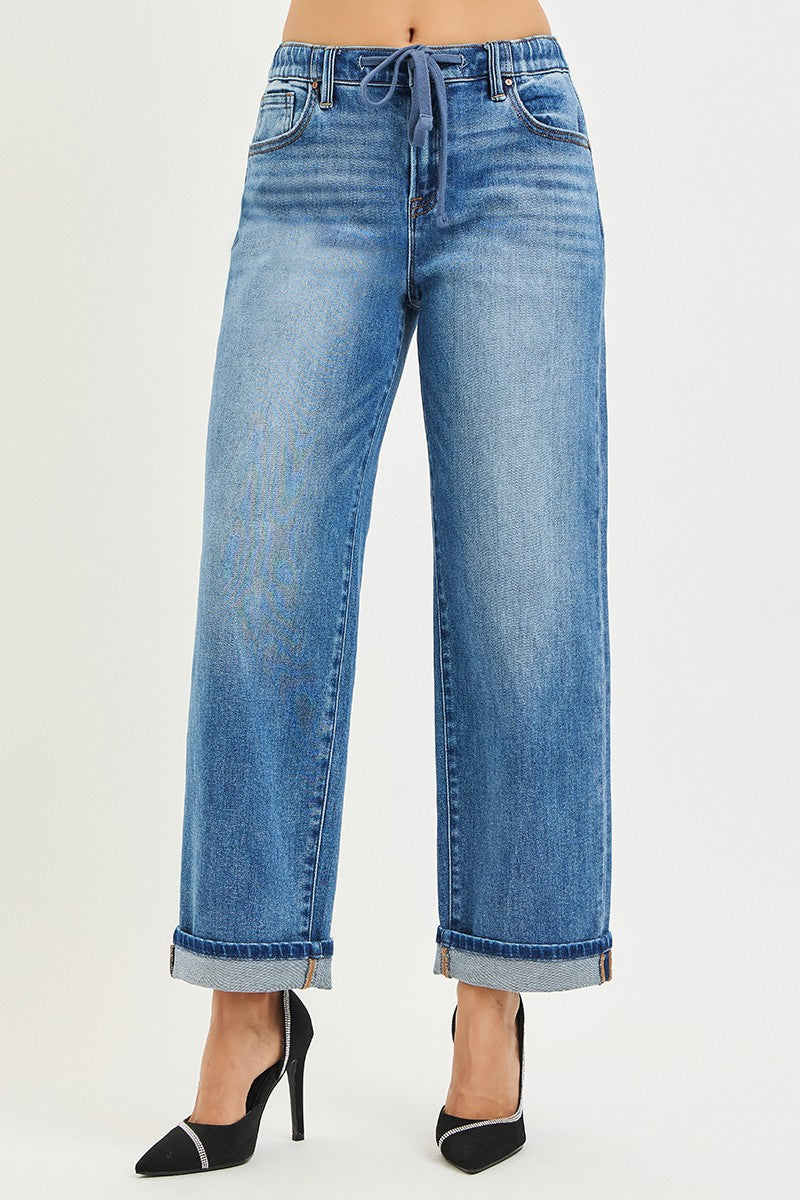 Elastic Band Slouch Ankle Boyfriend Cuffed Hem