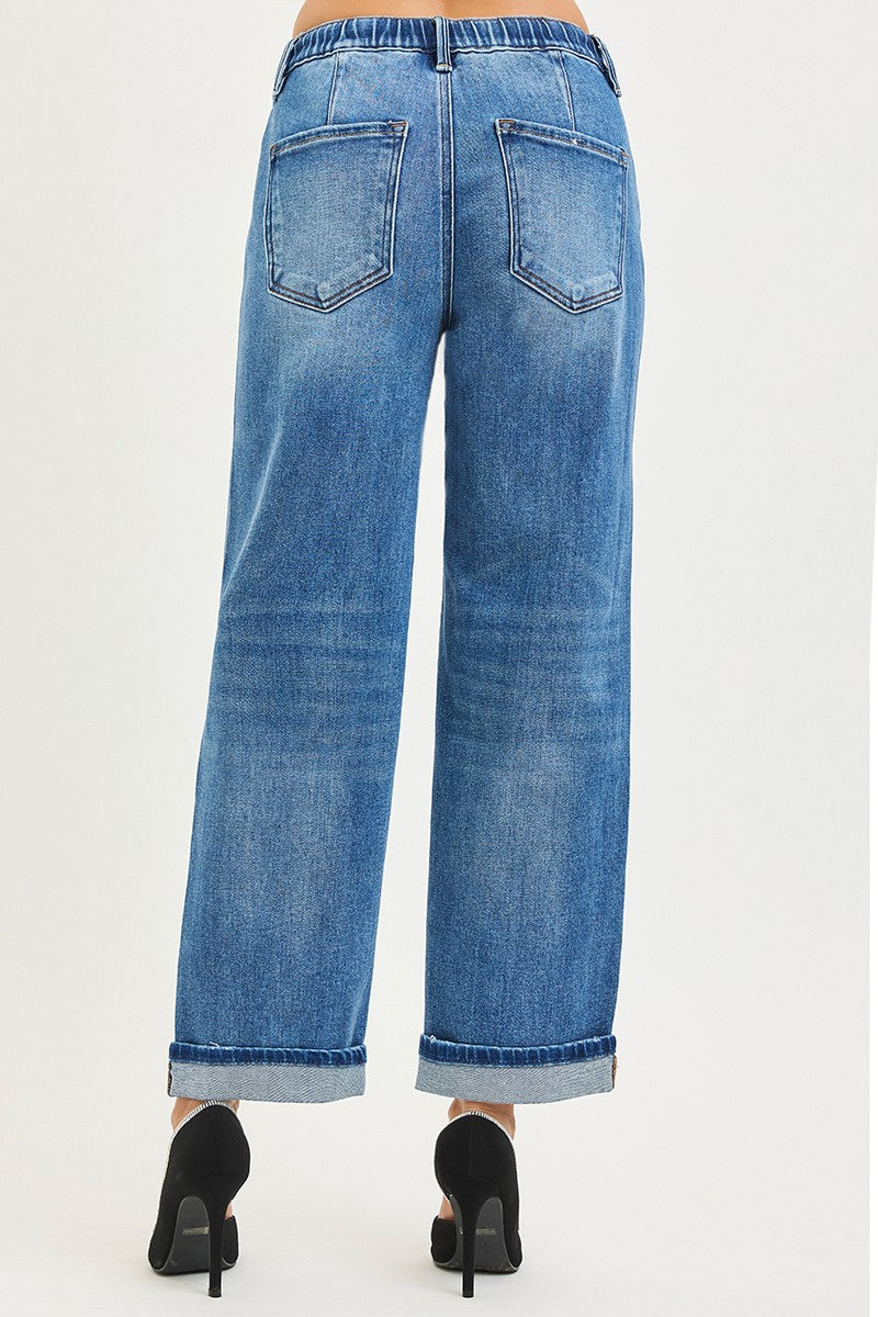 Elastic Band Slouch Ankle Boyfriend Cuffed Hem