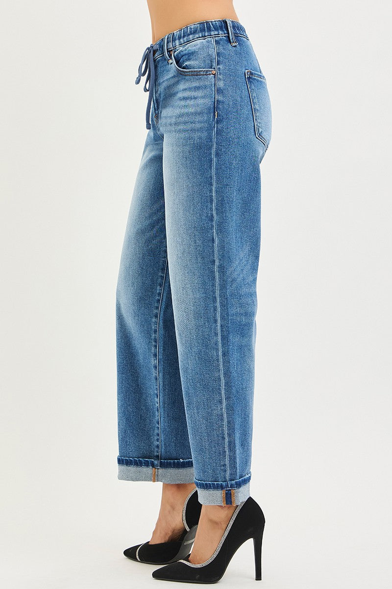 Elastic Band Slouch Ankle Boyfriend Cuffed Hem