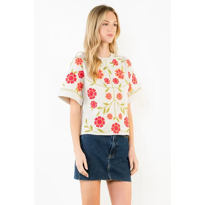 Short Sleeve Floral Embroidery Detail Top - Beige