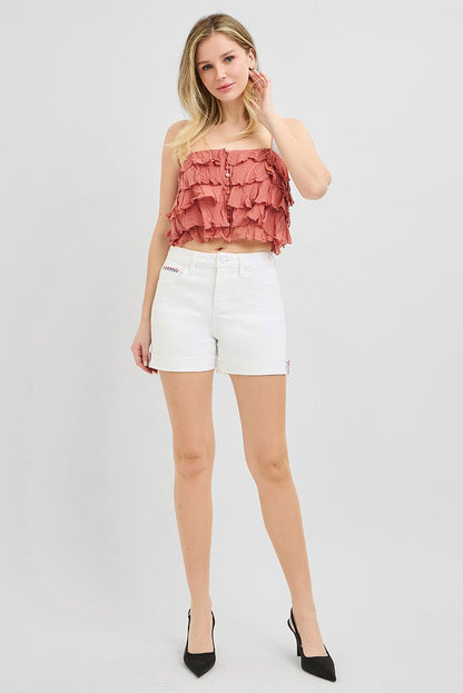 Tummy Control High Rise Cuffed Shorts Embroidered Details
