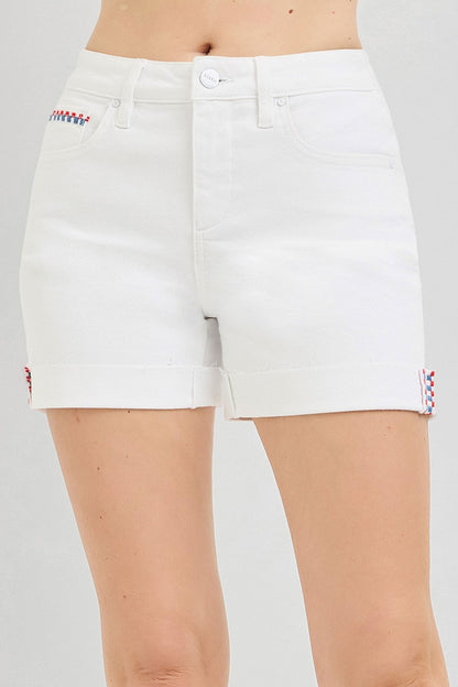 Tummy Control High Rise Cuffed Shorts Embroidered Details