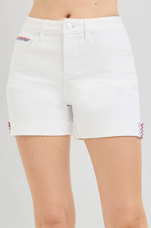 Tummy Control High Rise Cuffed Shorts Embroidered Details