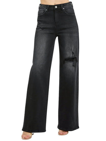 High Rise Distressed Detail Wide Leg Jeans