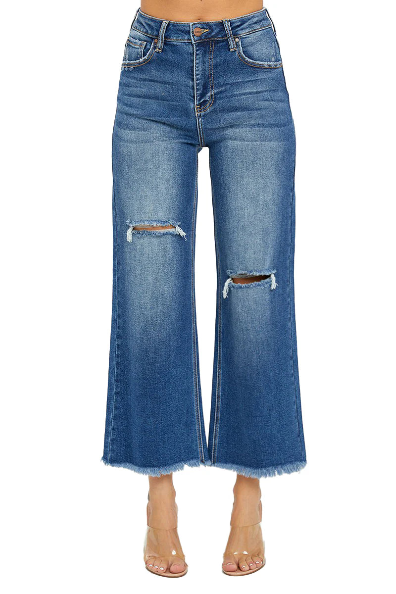 High Rise Cropped Wide Leg Frayed Jeans