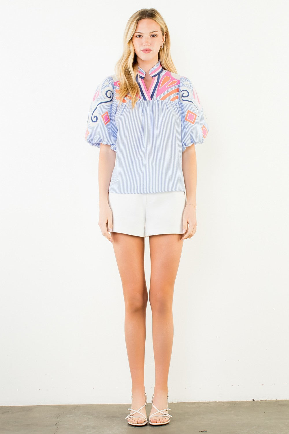 Puff Sleeve Embroidery Detail Textured Top - Blue