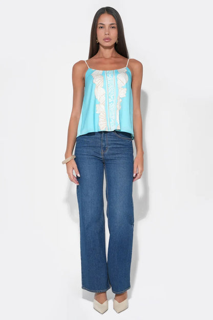 Arabella Braided Tie Straps Printed Top - Seafoam/Ivory