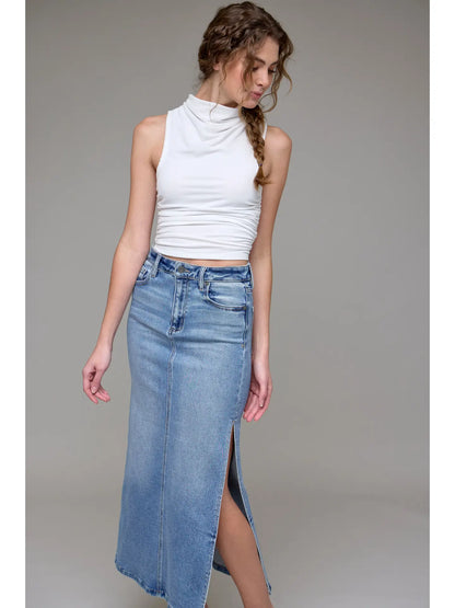 Medium/Light Side Slit Stretch Midi Skirt