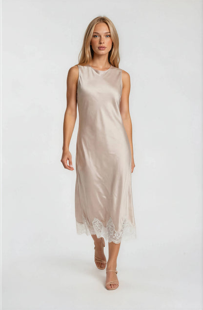 Satin Dress With Lace Trim Detail-Champagne