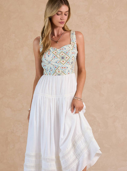 Embroidered Tiered Midi Dress