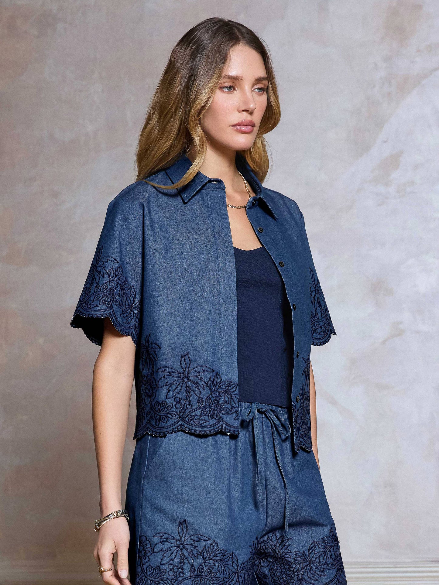 Denim Embroidered Cropped Shirt Top