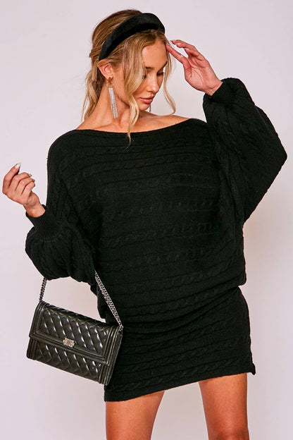 Dolman Knitted Sweater Horizontal Cable Detail Dress