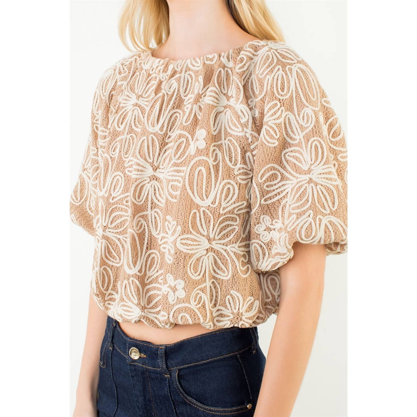Puff Sleeve Floral Embroidery Detail Top