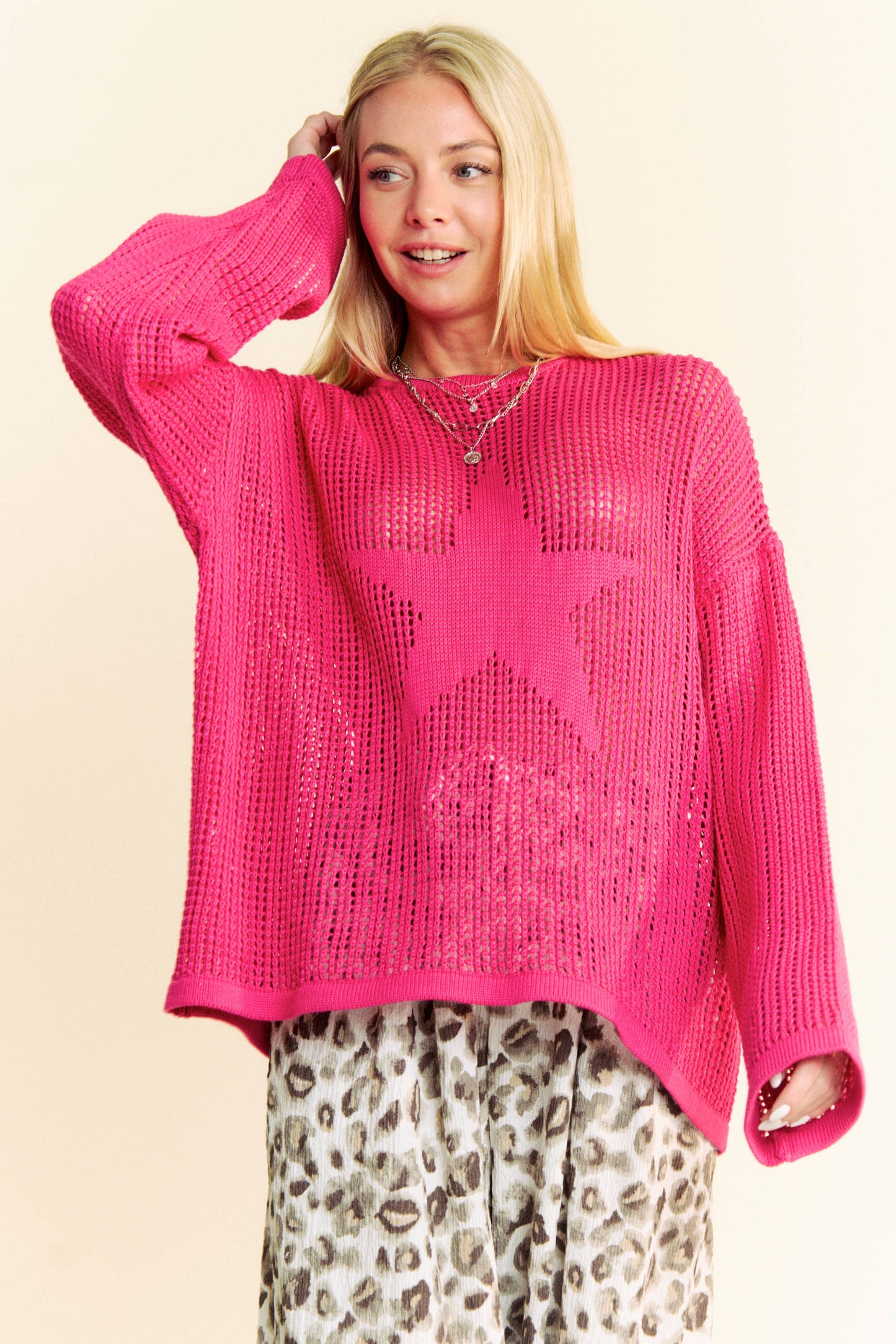 Star Front Light Weight Open Knit Pullover Sweater