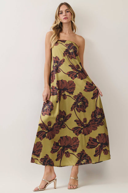 CD07609-Floral Print Strapless Maxi Dress