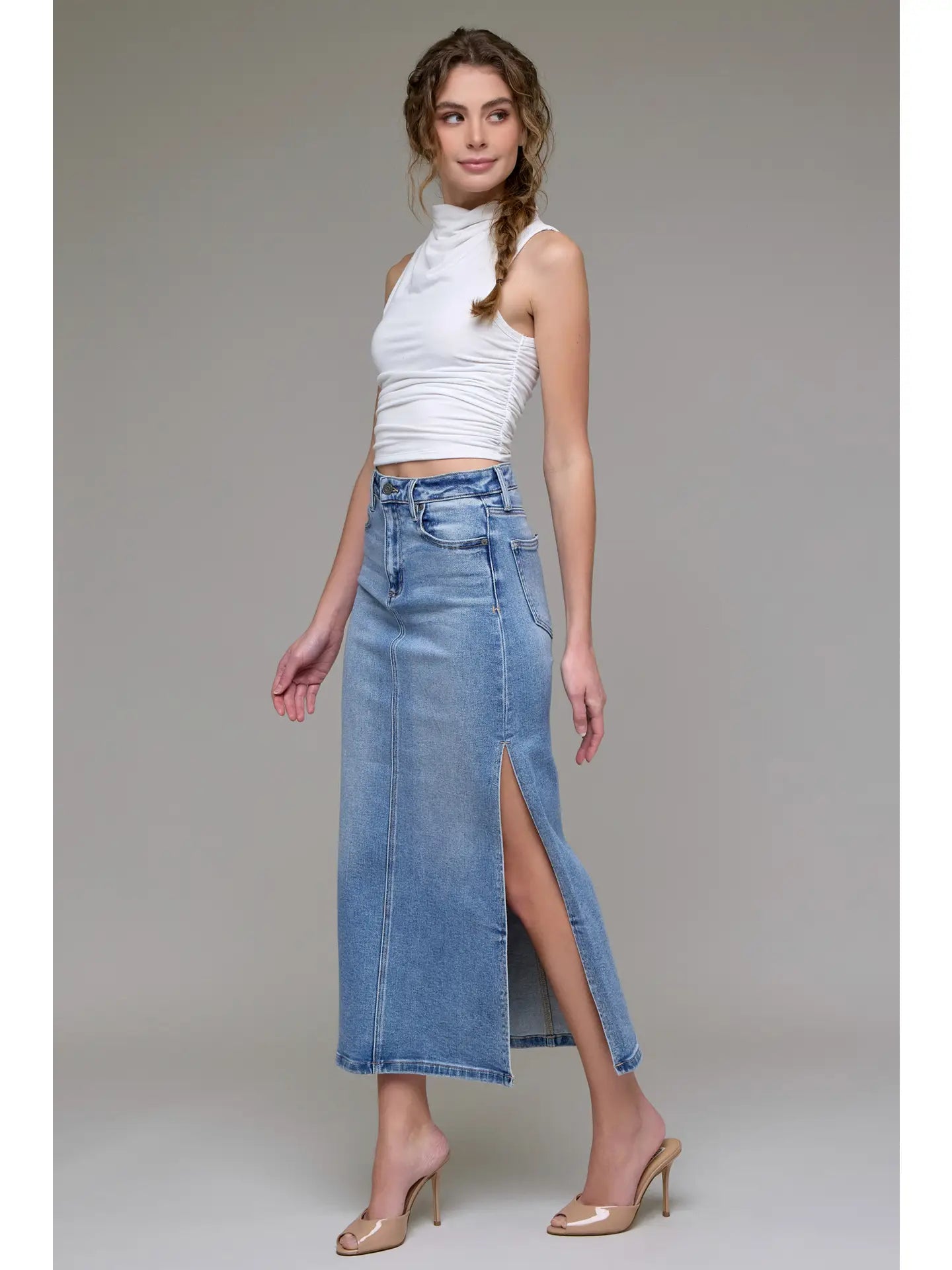 Medium/Light Side Slit Stretch Midi Skirt