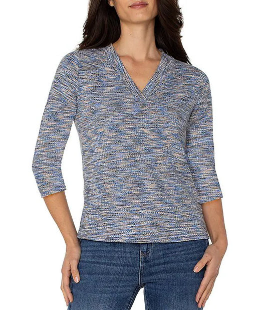 3/4 Sleeve V-Neck Knit Tee - Blue Space Dye - BAY WINDOW