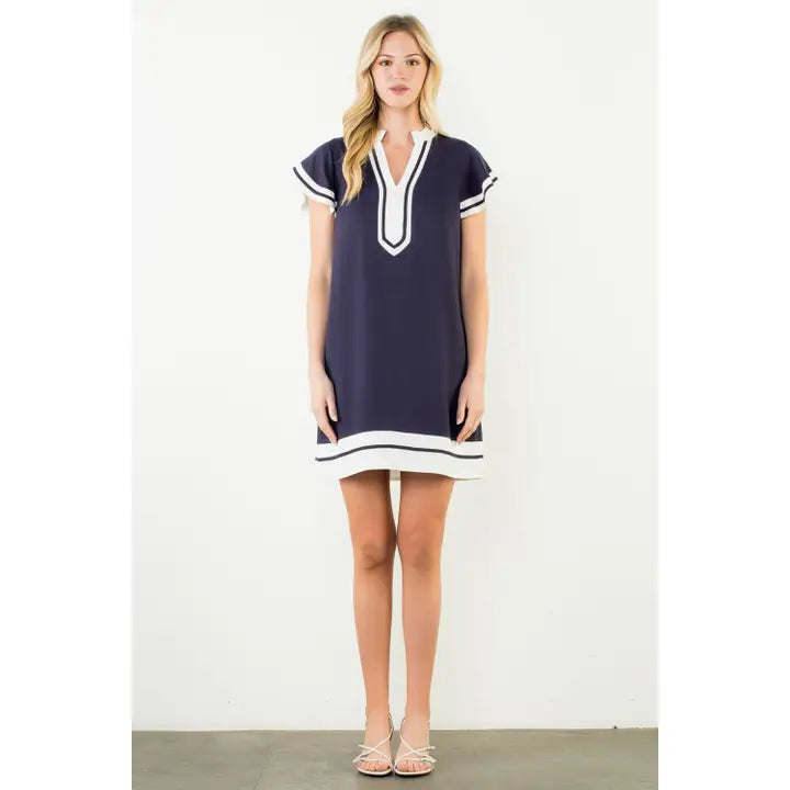 Flutter Sleeve V-Neck Dress - Navy