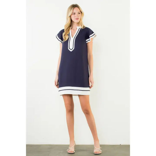 Flutter Sleeve V-Neck Dress - Navy