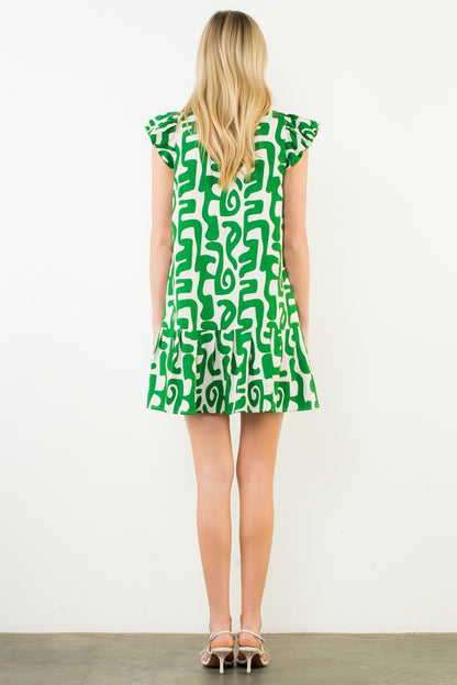 Short Sleeve Abstract Pattern Dress - Green
