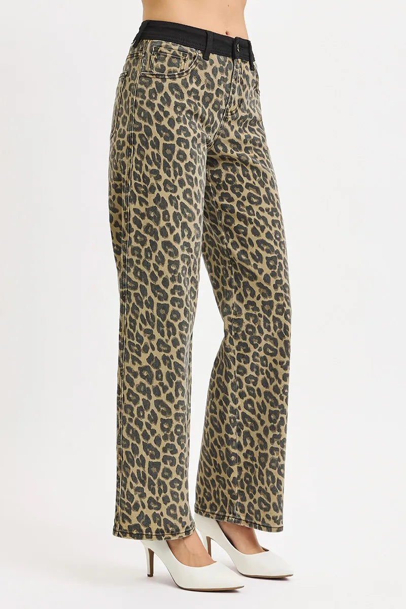 High Rise Wide Leg Leopard Printed Contrast WB Detail Pants - Coffee