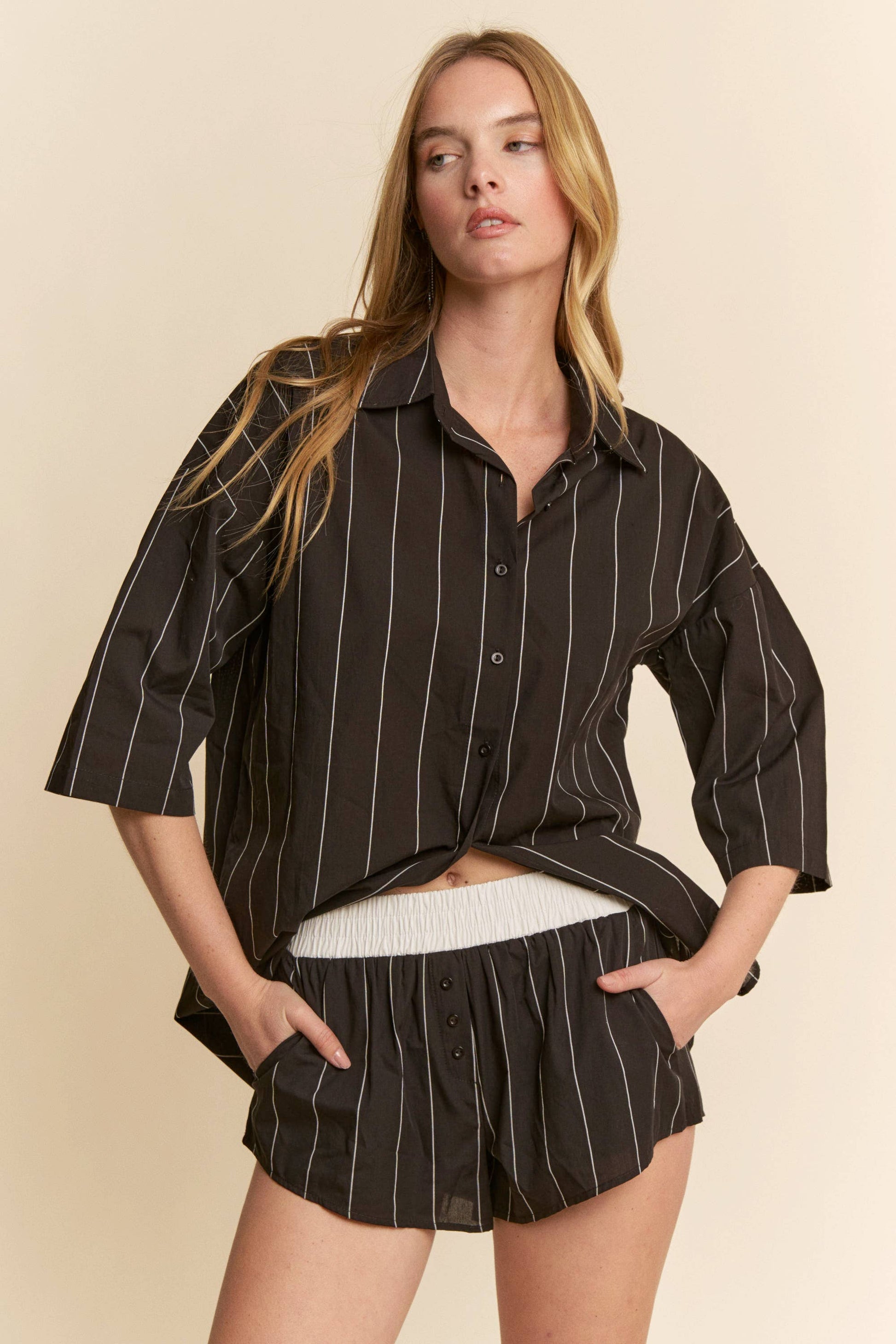 Striped Button Down Shirt w/ Matching Shorts Set - BAY WINDOW