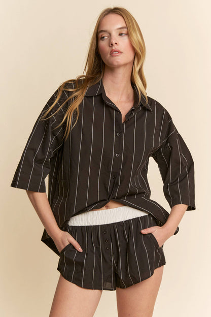 Striped Button Down Shirt w/ Matching Shorts Set - BAY WINDOW