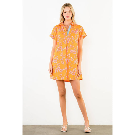 Short Sleeve Floral Pattern V-Neck Dress