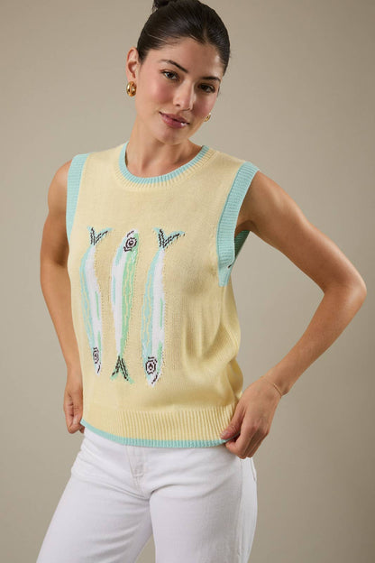 ROUND NECK 'FISH' GRAPHIC SWEATER VEST