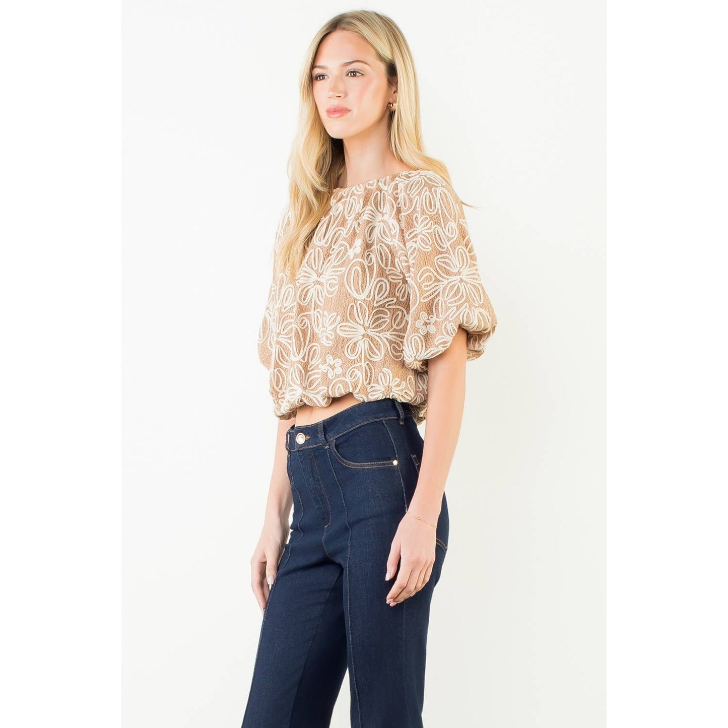 Puff Sleeve Floral Embroidery Detail Top