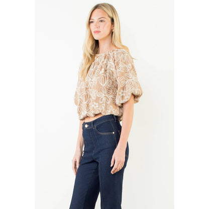 Puff Sleeve Floral Embroidery Detail Top