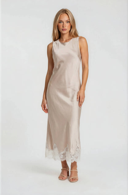 Satin Dress With Lace Trim Detail-Champagne
