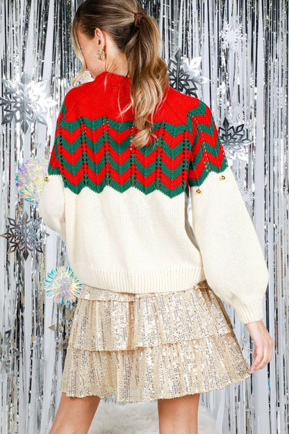 Wavy Striped Jingle Bell Front & Sleeve Knit Sweater