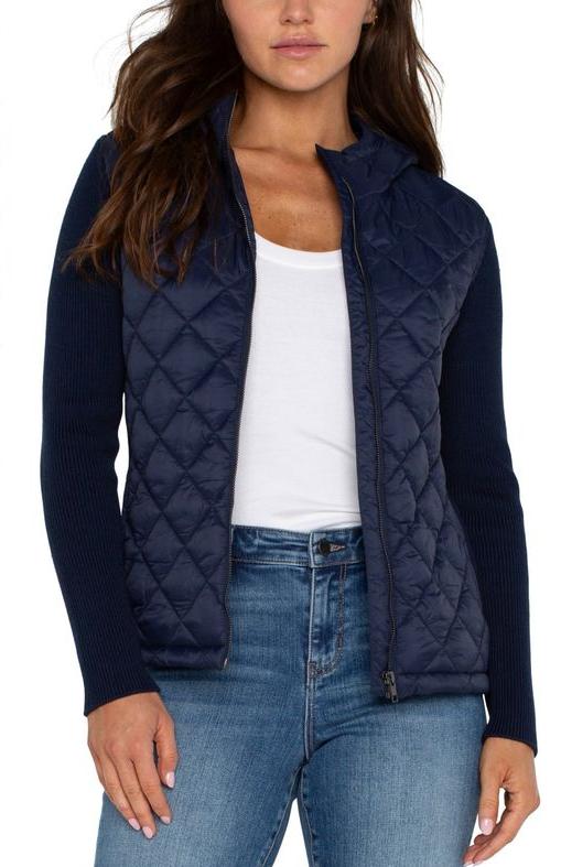 LS Quilted Front Full Zipper Hooded Sweater