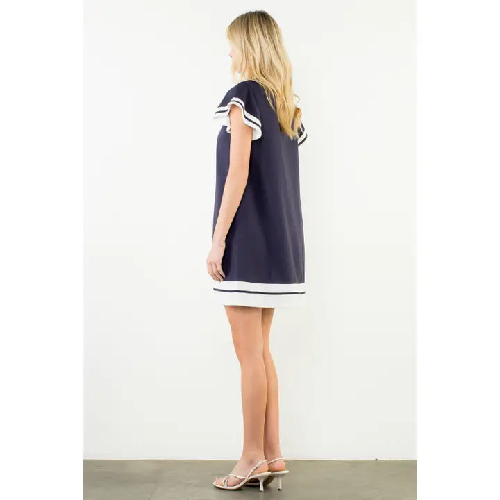 Flutter Sleeve V-Neck Dress - Navy